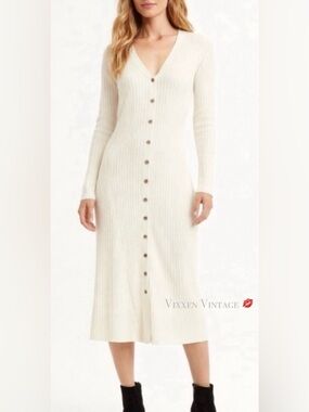 LUCKY BRAND LONG SLEEVE RIBBED BUTTON FRONT MIDI DRESS IN HEATHER MOCHA BISQUE